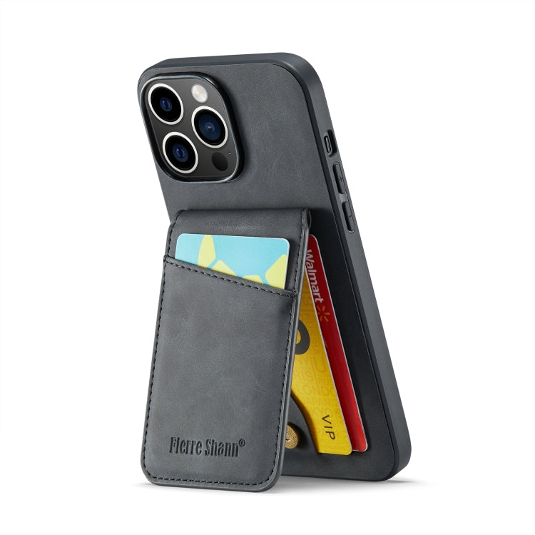 For iPhone 13 Pro Fierre Shann Crazy Horse Card Holder Back Cover PU Phone Case