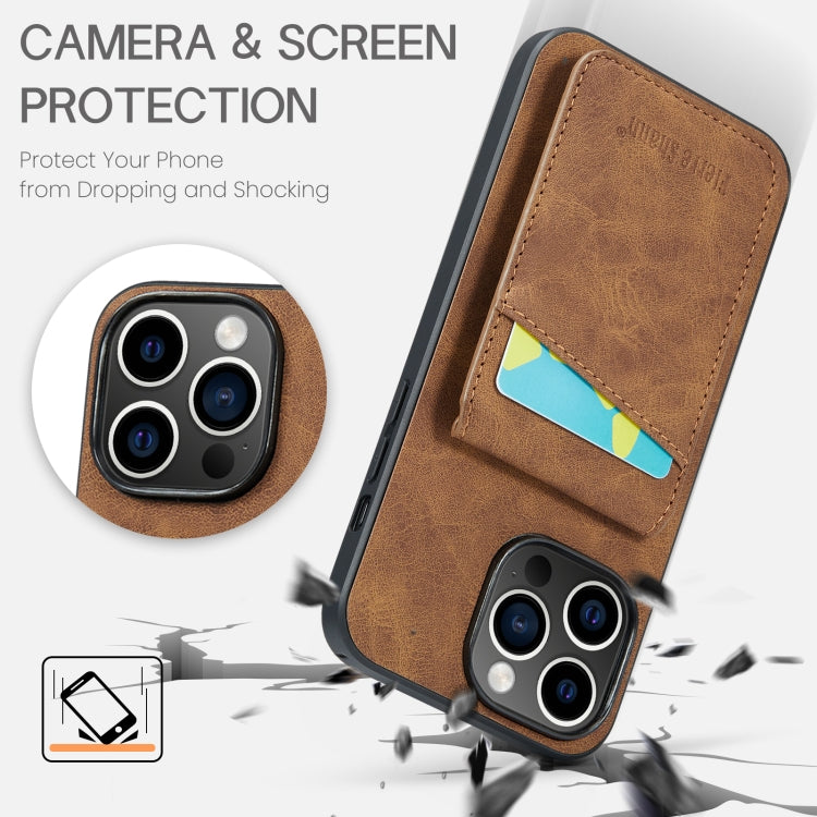 For iPhone 13 Pro Fierre Shann Crazy Horse Card Holder Back Cover PU Phone Case