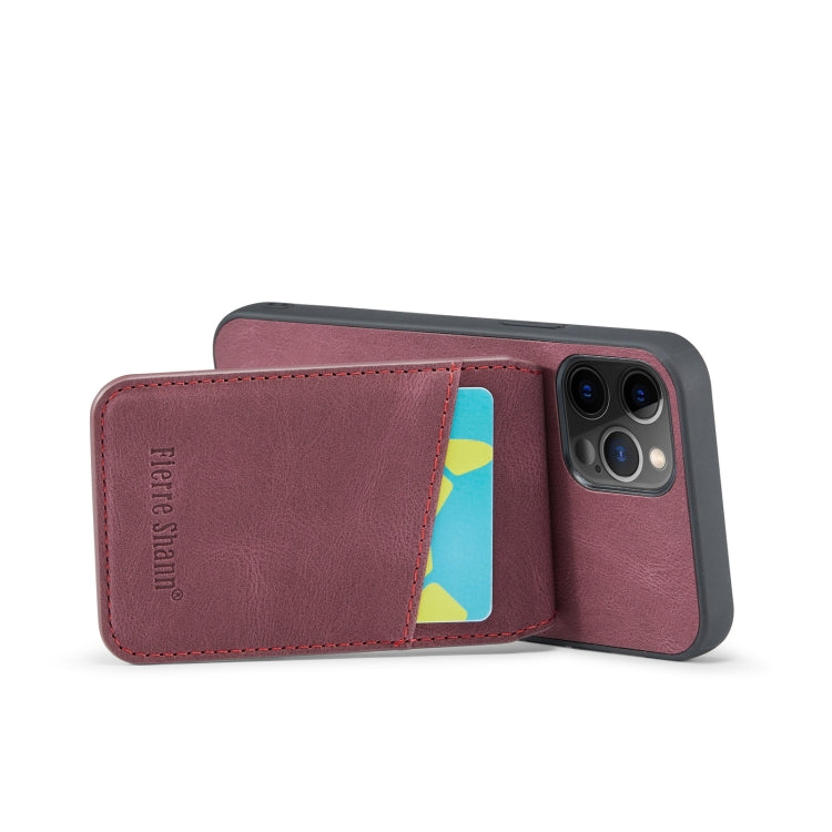 For iPhone 12 Pro Max Fierre Shann Crazy Horse Card Holder Back Cover PU Phone Case