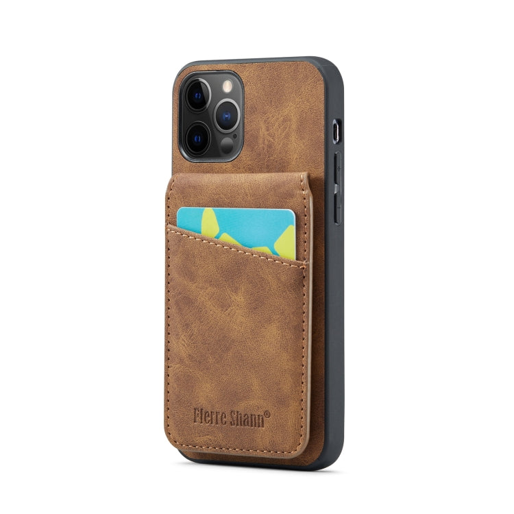 For iPhone 12 Pro Max Fierre Shann Crazy Horse Card Holder Back Cover PU Phone Case