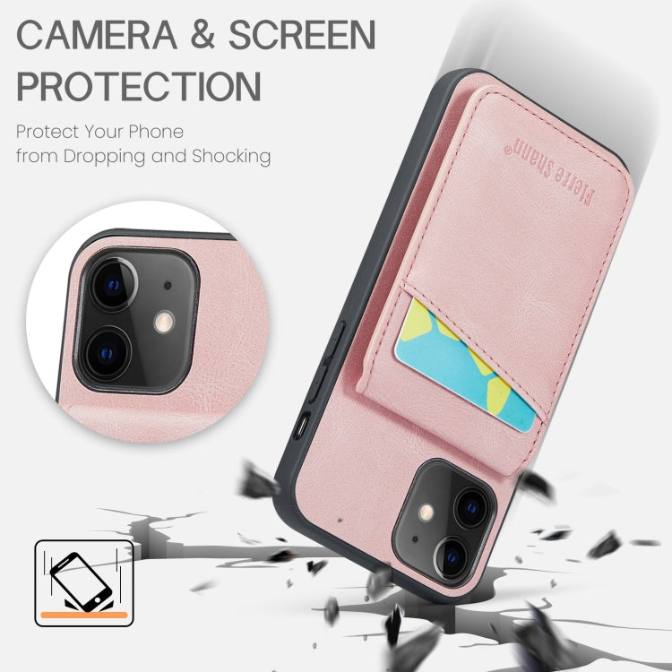 For iPhone 11 Fierre Shann Crazy Horse Card Holder Back Cover PU Phone Case