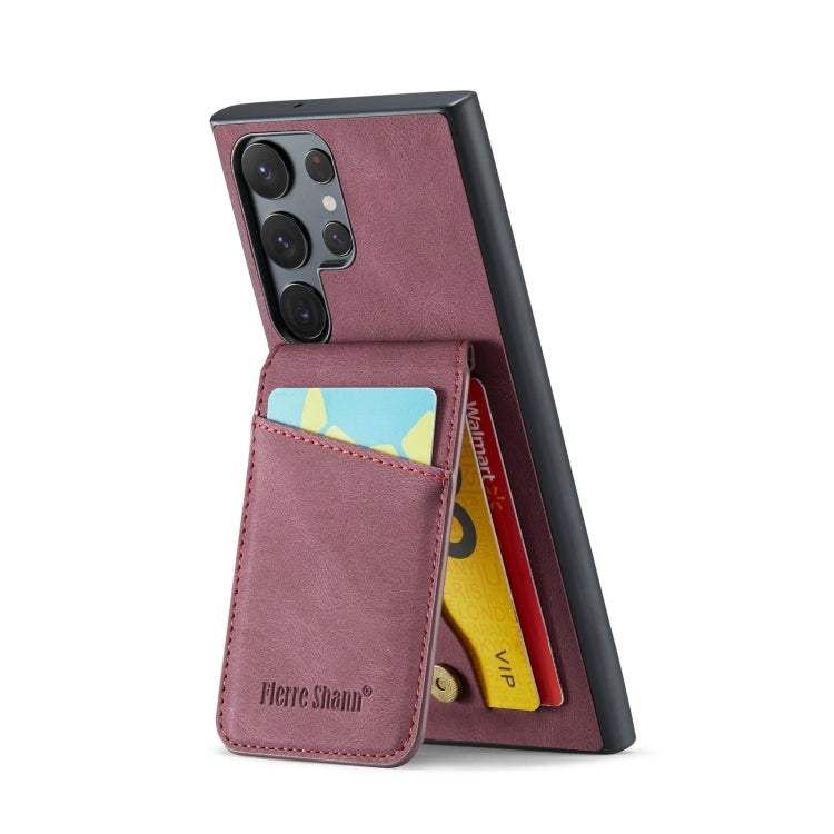 For Samsung Galaxy S23 Ultra 5G Fierre Shann Crazy Horse Card Holder Back Cover PU Phone Case