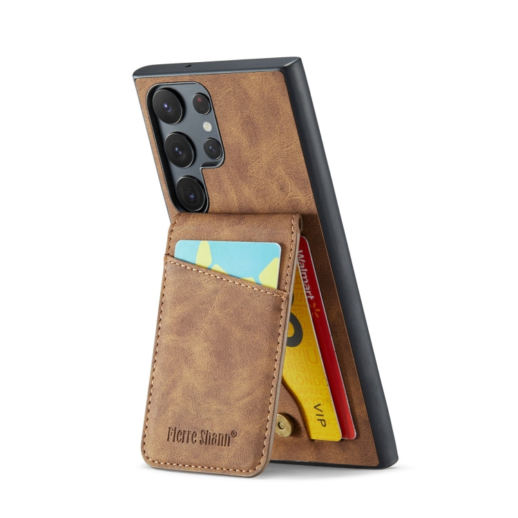 For Samsung Galaxy S23 Ultra 5G Fierre Shann Crazy Horse Card Holder Back Cover PU Phone Case