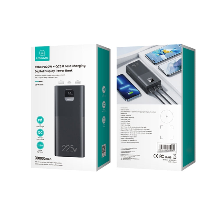 USAMS CD191 PB68 30000mAh 22.5W Digital Display Fast Charge Power Bank(Black)