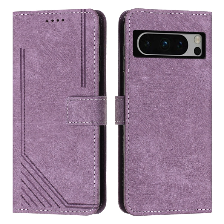 For Google Pixel 8 Pro Skin Feel Stripe Pattern Leather Phone Case with Lanyard