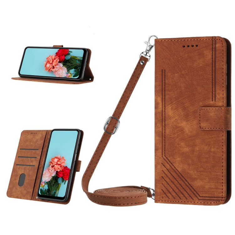 For Samsung Galaxy M14 5G / F14 5G Skin Feel Stripe Pattern Leather Phone Case with Lanyard