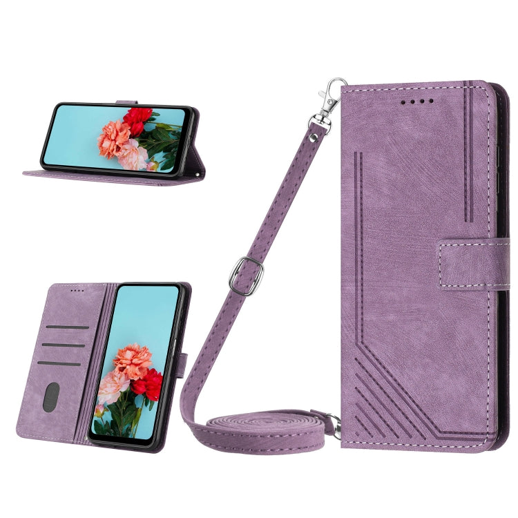 For Samsung Galaxy M14 5G / F14 5G Skin Feel Stripe Pattern Leather Phone Case with Lanyard