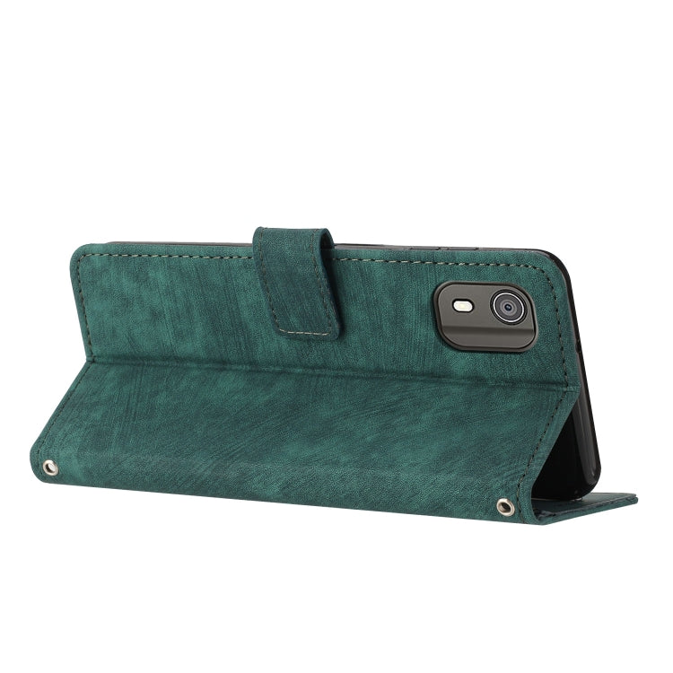 For Nokia C02 Skin Feel Stripe Pattern Leather Phone Case with Lanyard