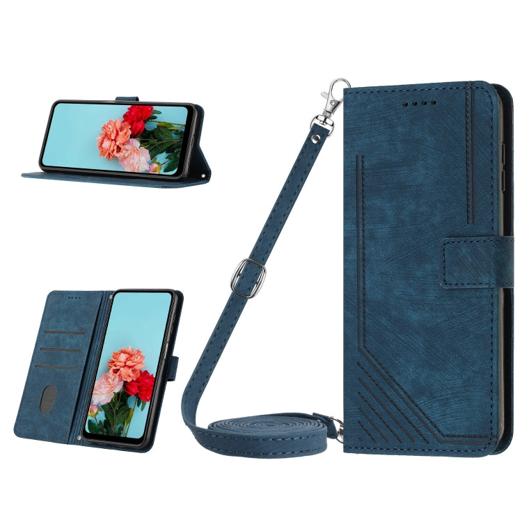 For Tecno Pop 7 Skin Feel Stripe Pattern Leather Phone Case with Lanyard