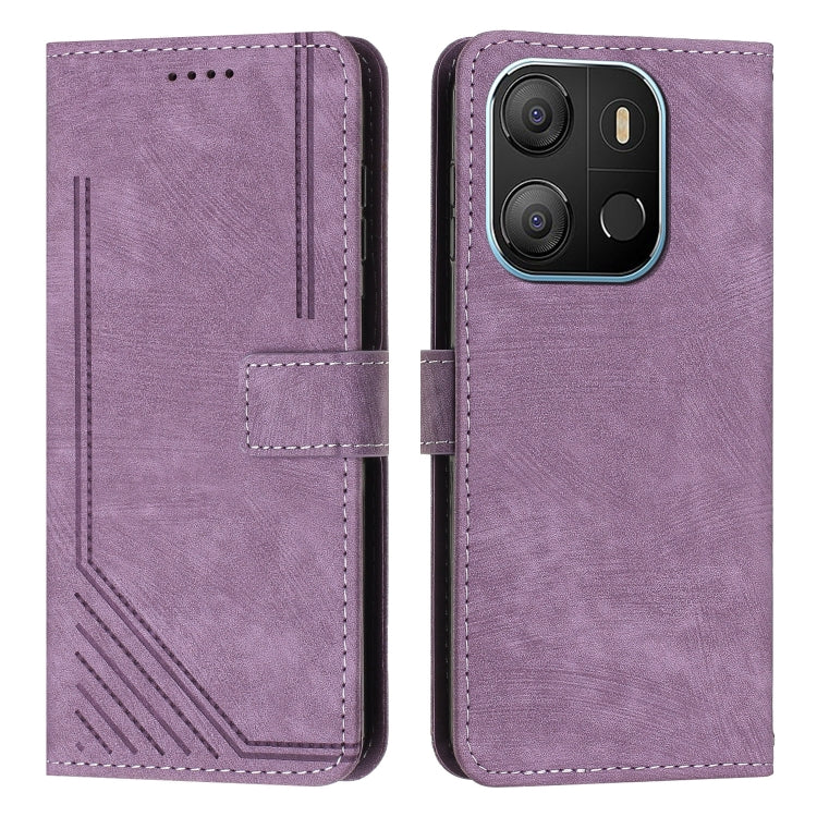 For Tecno Pop 7 Skin Feel Stripe Pattern Leather Phone Case with Lanyard