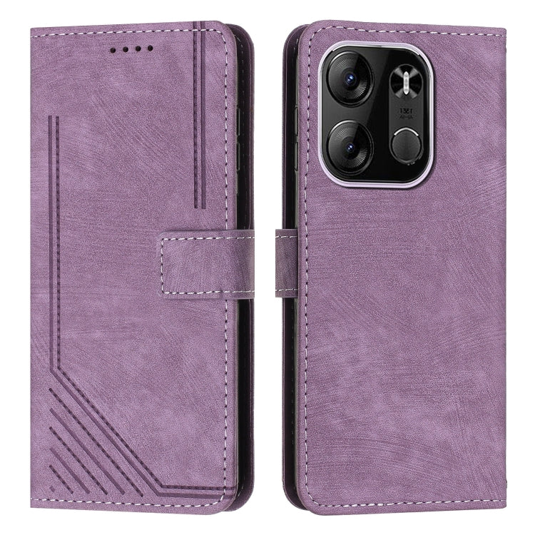 For Tecno Pop 7 Pro Skin Feel Stripe Pattern Leather Phone Case with Lanyard