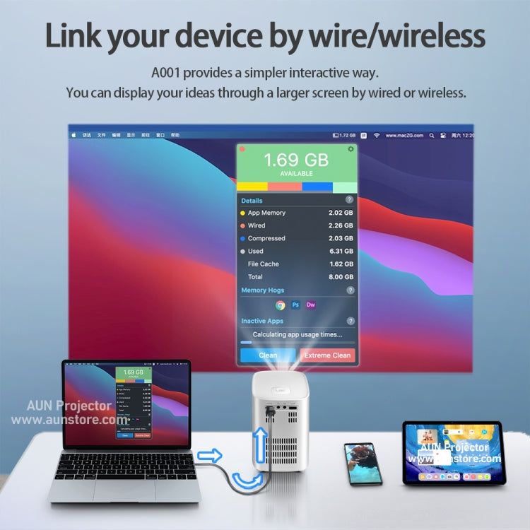 AUN A001 Portable mini WiFi Sync Phone 4K Smart LED Projector