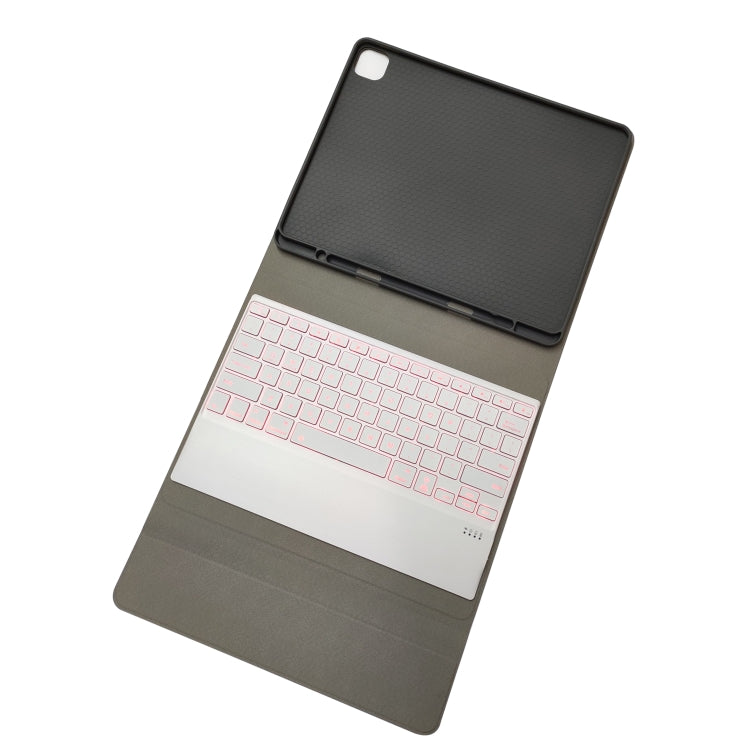 HK131D For iPad Pro 12.9 inch (2020 & 2018) 2 in 1 Detachable Seven-color Backlight Plastic Bluetooth Keyboard + Fabric Texture PU Leather Tablet Case with Stand & Pen Slot
