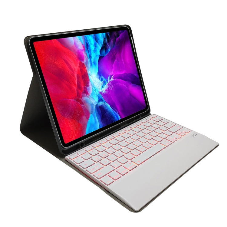 HK131D For iPad Pro 12.9 inch (2020 & 2018) 2 in 1 Detachable Seven-color Backlight Plastic Bluetooth Keyboard + Fabric Texture PU Leather Tablet Case with Stand & Pen Slot