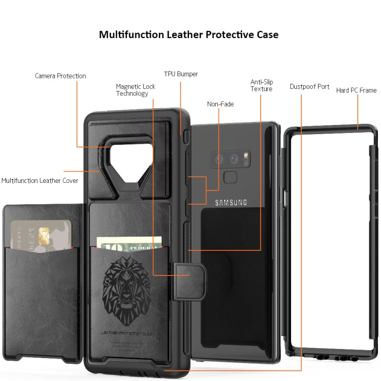 For Samsung Galaxy Note 9 Shockproof PC + TPU + PU Leather Protective Case with Holder & Card Slot & Wallet