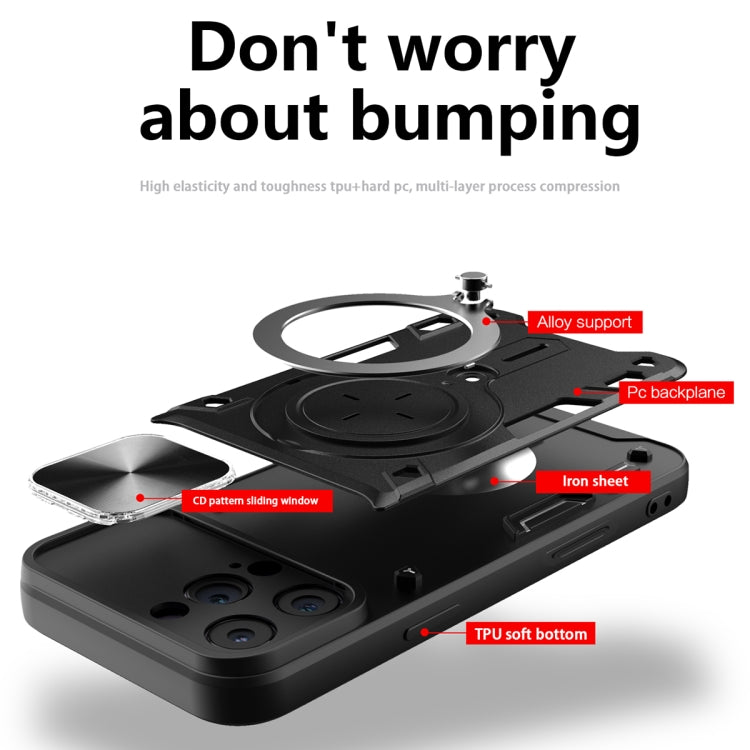 For iPhone 16 Pro Max CD Texture Sliding Camshield Magnetic Holder Phone Case