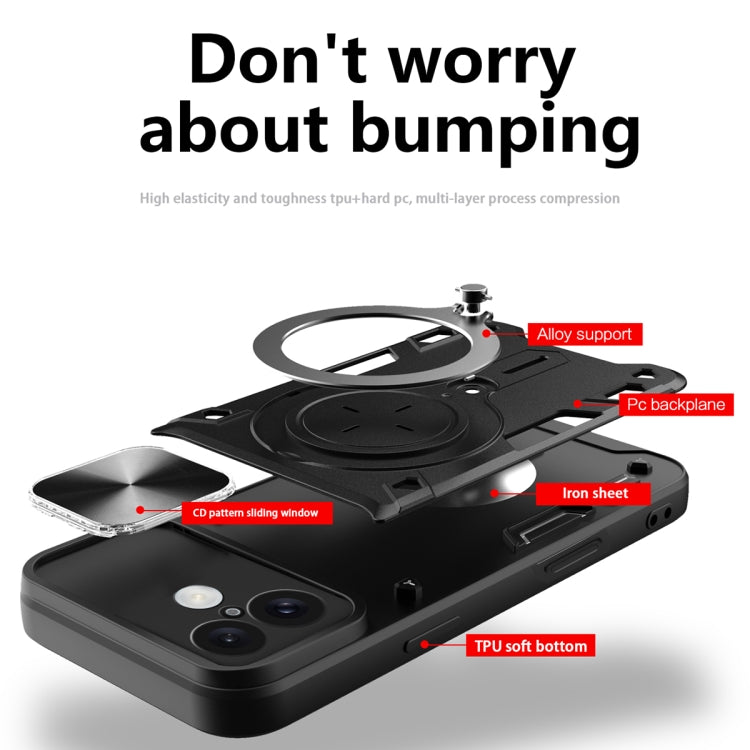 For iPhone 16 Plus CD Texture Sliding Camshield Magnetic Holder Phone Case