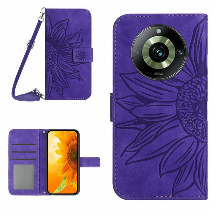 For Realme 11 Pro Skin Feel Sun Flower Embossed Flip Leather Phone Case with Lanyard