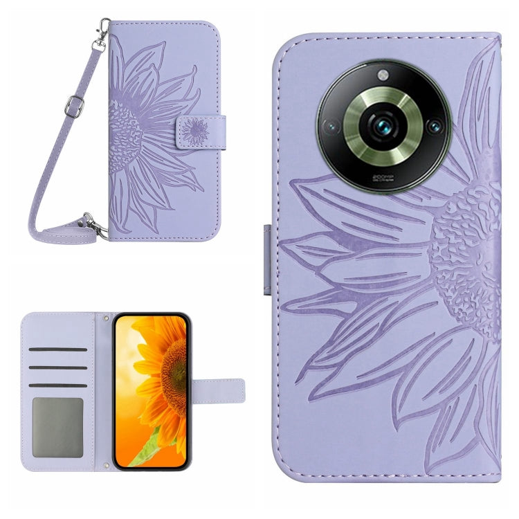 For Realme 11 Pro Skin Feel Sun Flower Embossed Flip Leather Phone Case with Lanyard