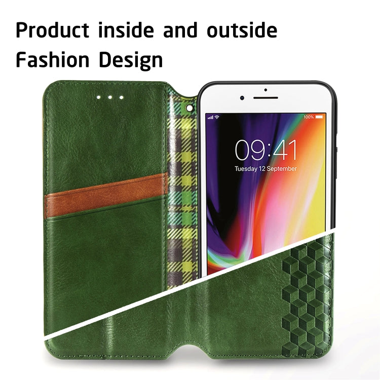 For iPhone SE 2022 / SE 2020 / 8 / 7 Cubic Grid Pressed Horizontal Flip Magnetic Leather Case with Holder & Card Slots & Wallet