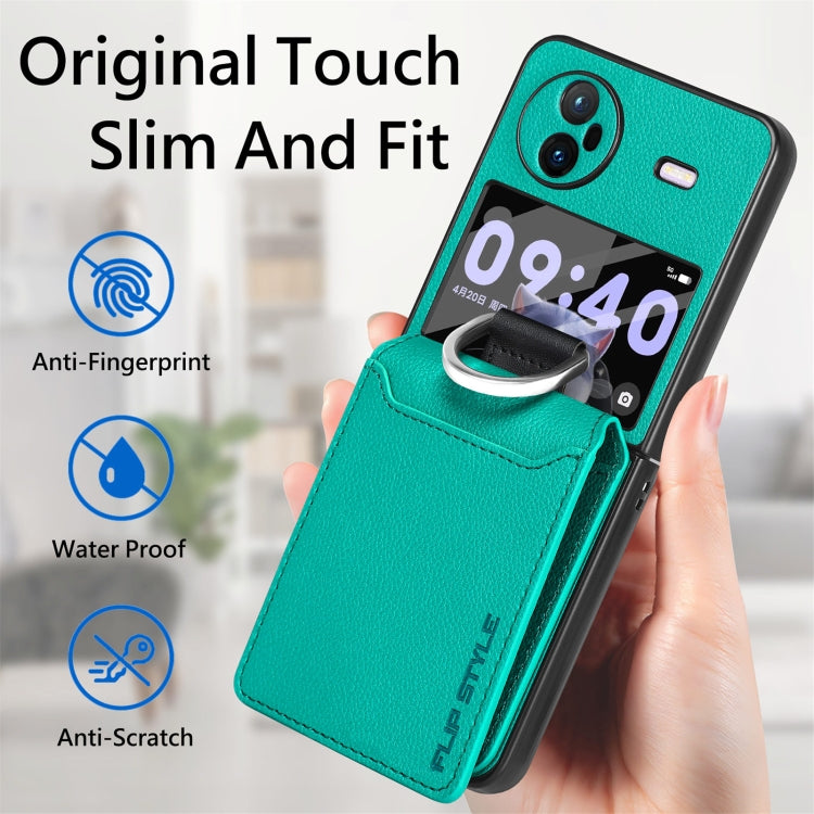 For vivo X Flip Litchi Texture Card Bag Shockproof Phone Case with Ring Holder / Film