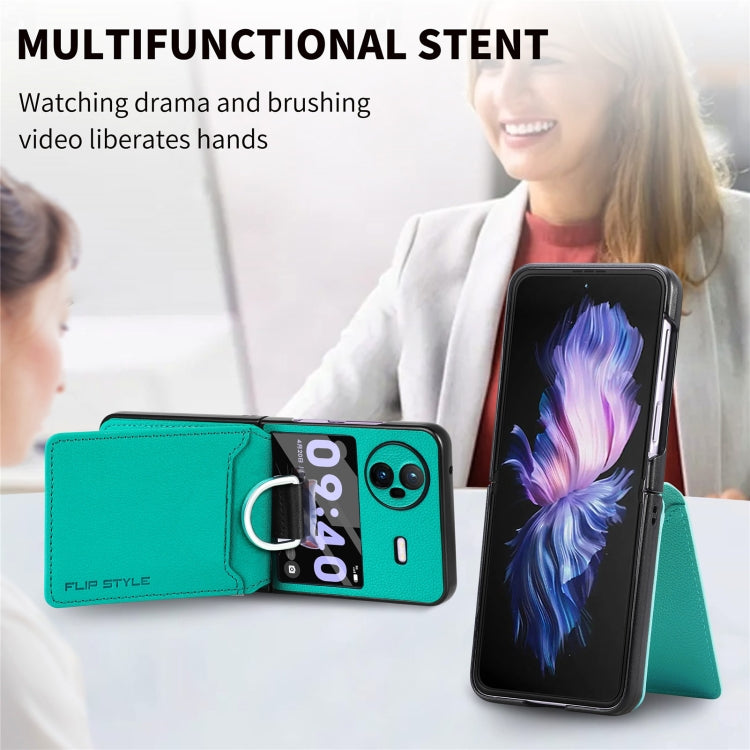 For vivo X Flip Litchi Texture Card Bag Shockproof Phone Case with Ring Holder / Film