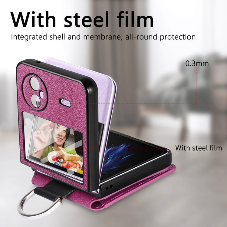 For vivo X Flip Litchi Texture Card Bag Shockproof Phone Case with Ring Holder / Film