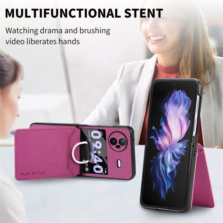 For vivo X Flip Litchi Texture Card Bag Shockproof Phone Case with Ring Holder / Film