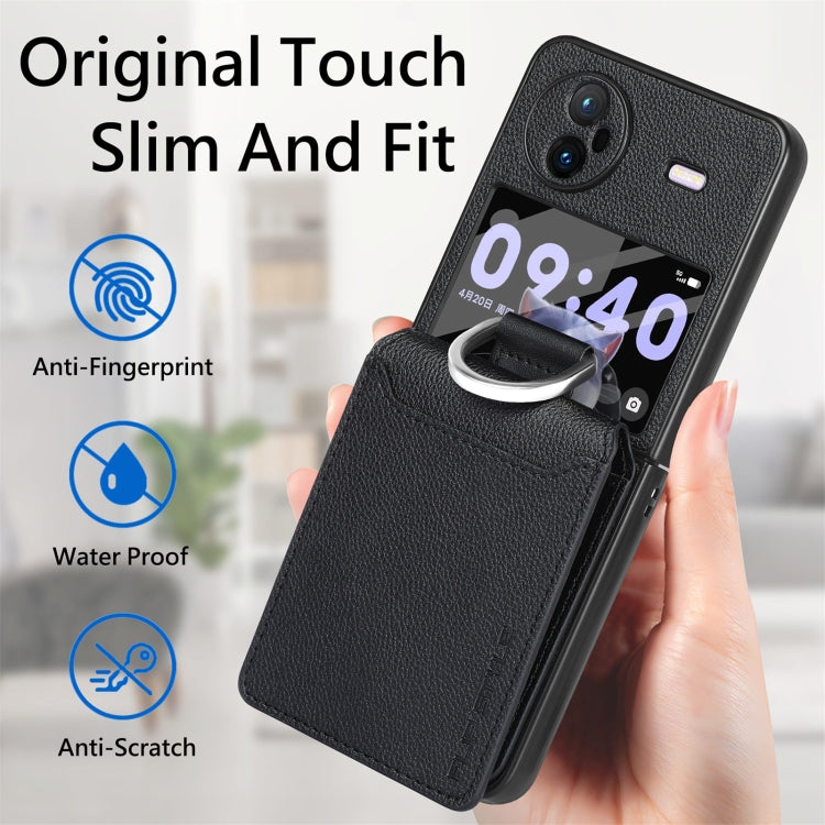 For vivo X Flip Litchi Texture Card Bag Shockproof Phone Case with Ring Holder / Film