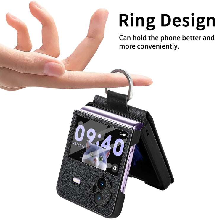 For vivo X Flip Litchi Texture Card Bag Shockproof Phone Case with Ring Holder / Film