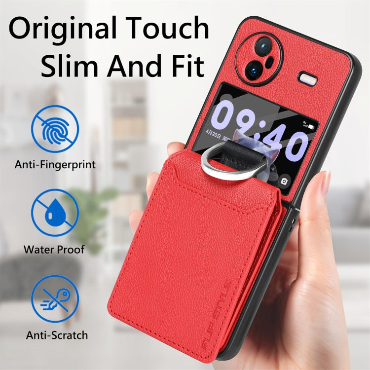 For vivo X Flip Litchi Texture Card Bag Shockproof Phone Case with Ring Holder / Film
