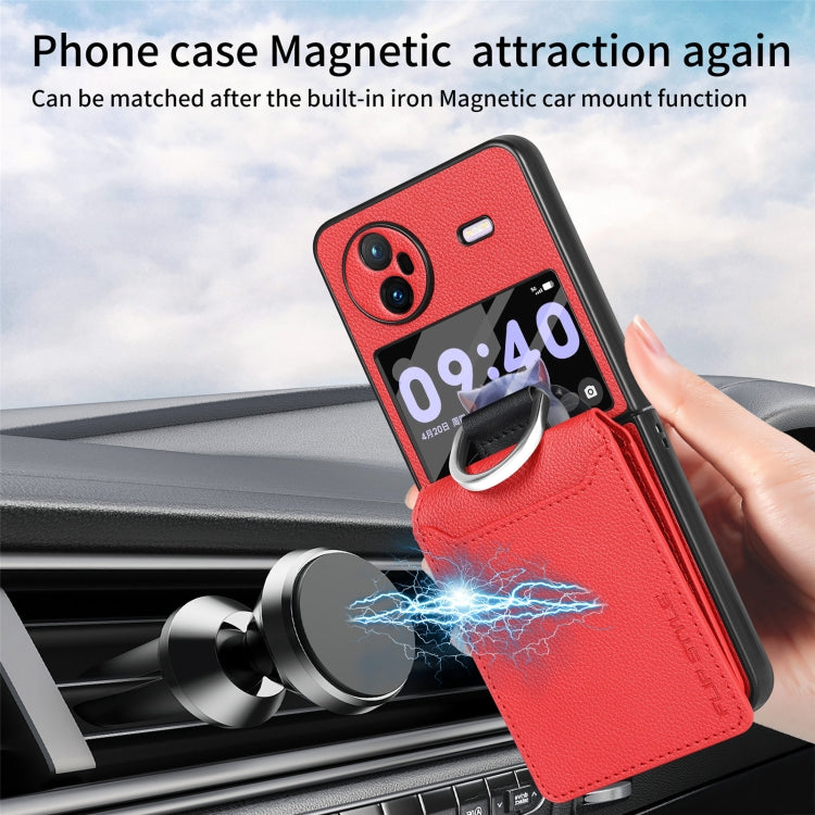 For vivo X Flip Litchi Texture Card Bag Shockproof Phone Case with Ring Holder / Film