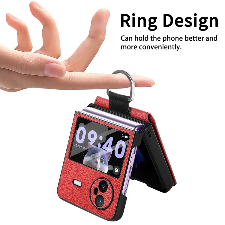 For vivo X Flip Litchi Texture Card Bag Shockproof Phone Case with Ring Holder / Film