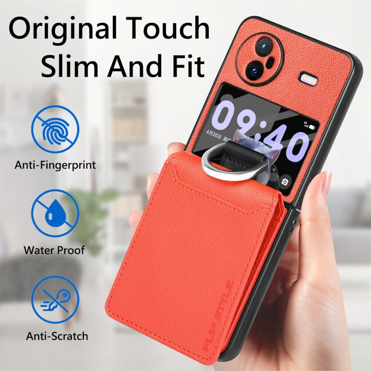For vivo X Flip Litchi Texture Card Bag Shockproof Phone Case with Ring Holder / Film