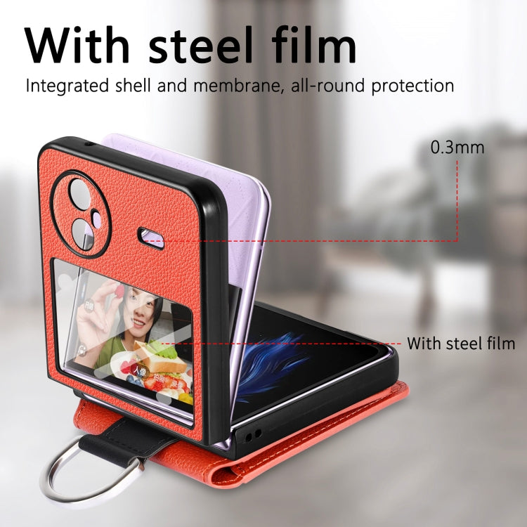 For vivo X Flip Litchi Texture Card Bag Shockproof Phone Case with Ring Holder / Film