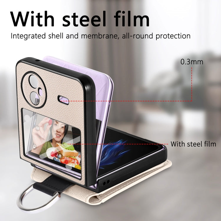 For vivo X Flip Litchi Texture Card Bag Shockproof Phone Case with Ring Holder / Film