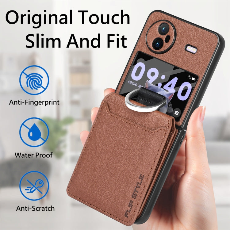 For vivo X Flip Litchi Texture Card Bag Shockproof Phone Case with Ring Holder / Film