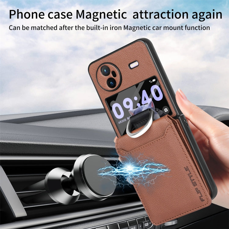 For vivo X Flip Litchi Texture Card Bag Shockproof Phone Case with Ring Holder / Film