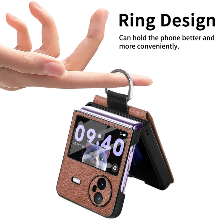 For vivo X Flip Litchi Texture Card Bag Shockproof Phone Case with Ring Holder / Film