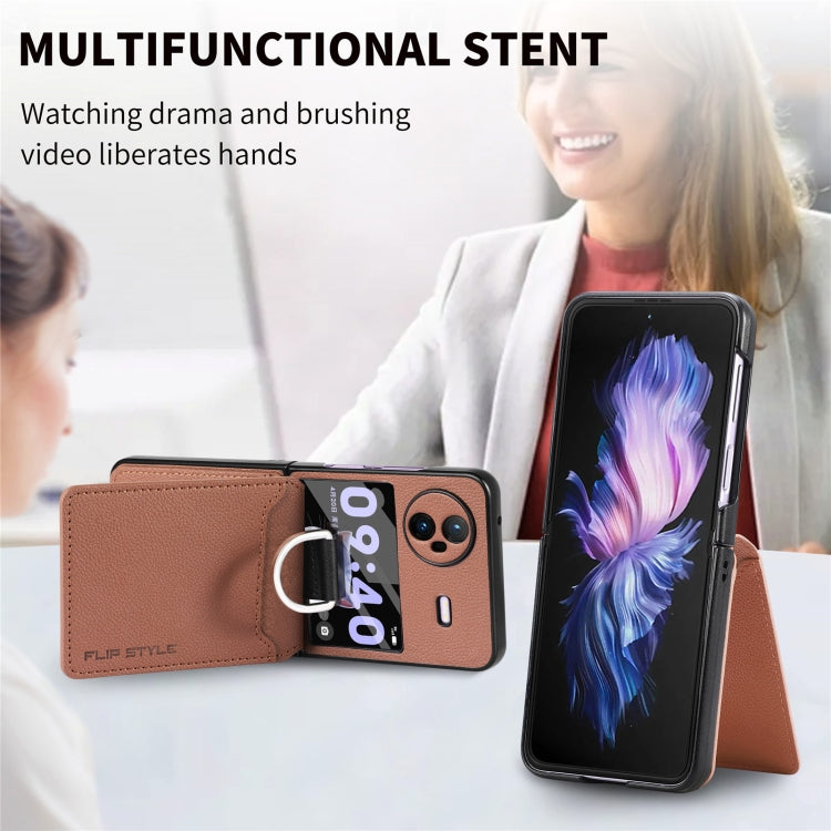 For vivo X Flip Litchi Texture Card Bag Shockproof Phone Case with Ring Holder / Film