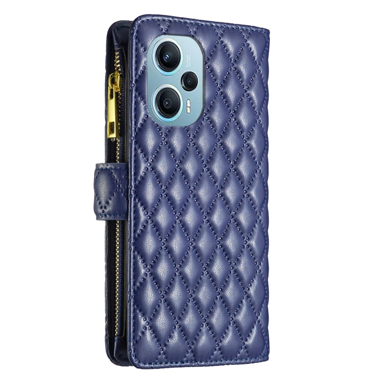 For Xiaomi Poco F5 5G / Redmi Note 12 Turbo Diamond Lattice Zipper Wallet Leather Flip Phone Case