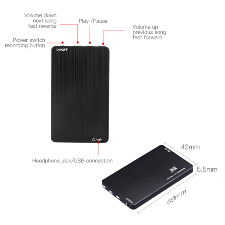 JNN M2 Ultra-thin HD Noise Reduction Intelligent Control Voice Voice Recorder, Capacity:8GB(Black)