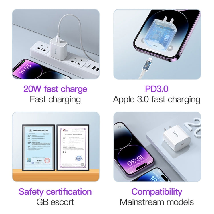 TOTU ZC32 PD 20W Type-C Port Charger with Type-C to 8 Pin Data Cable Set, Specification:CN Plug(White)