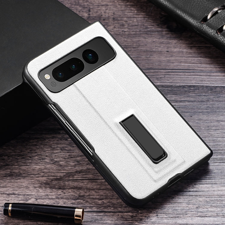 For Google Pixel Fold PC + Leather Texture Protective Phone Case with Metal Holder