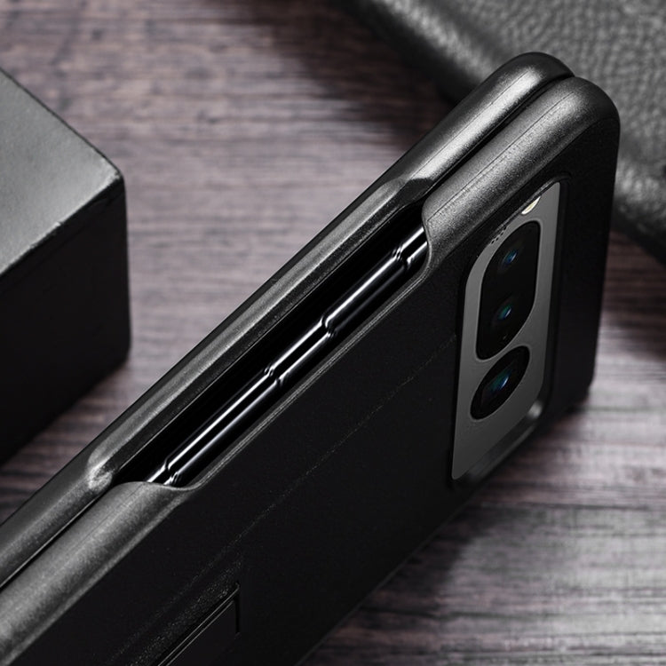 For Google Pixel Fold PC + Leather Texture Protective Phone Case with Metal Holder