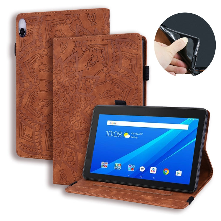 For Lenovo Tab E10/ TB X104F Calf Pattern Double Folding Design Embossed Leather Case with Holder & Card Slots & Pen Slot & Elastic Band