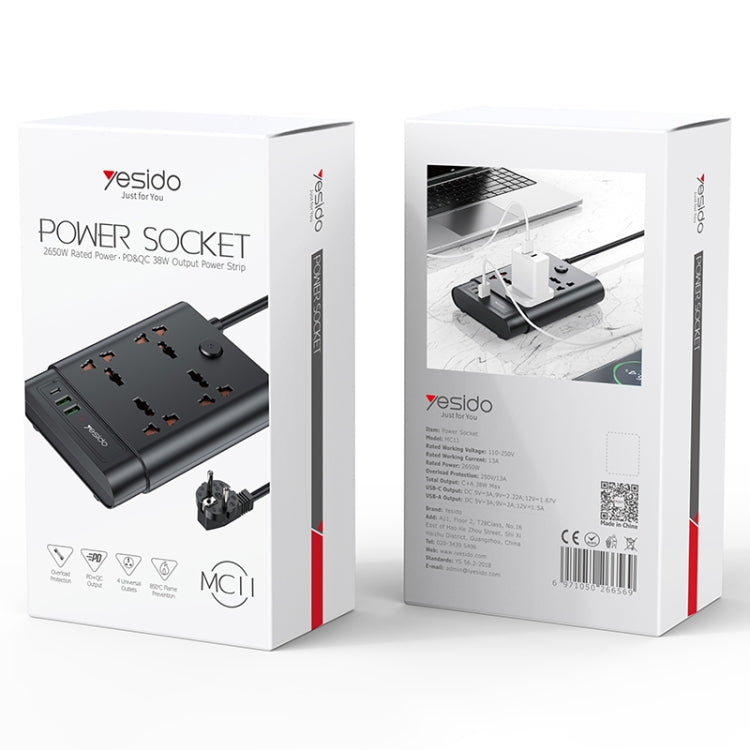 Yesido MC-11 4 Plugs + PD 20W+2 QC3.0 Ports 2650W Multi-functional High Power Socket