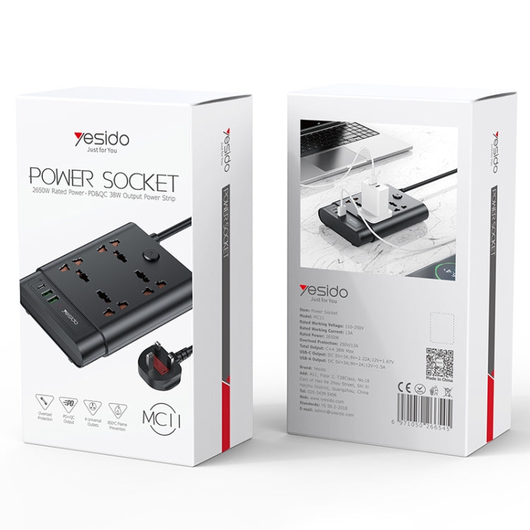 Yesido MC-11 4 Plugs + PD 20W+2 QC3.0 Ports 2650W Multi-functional High Power Socket