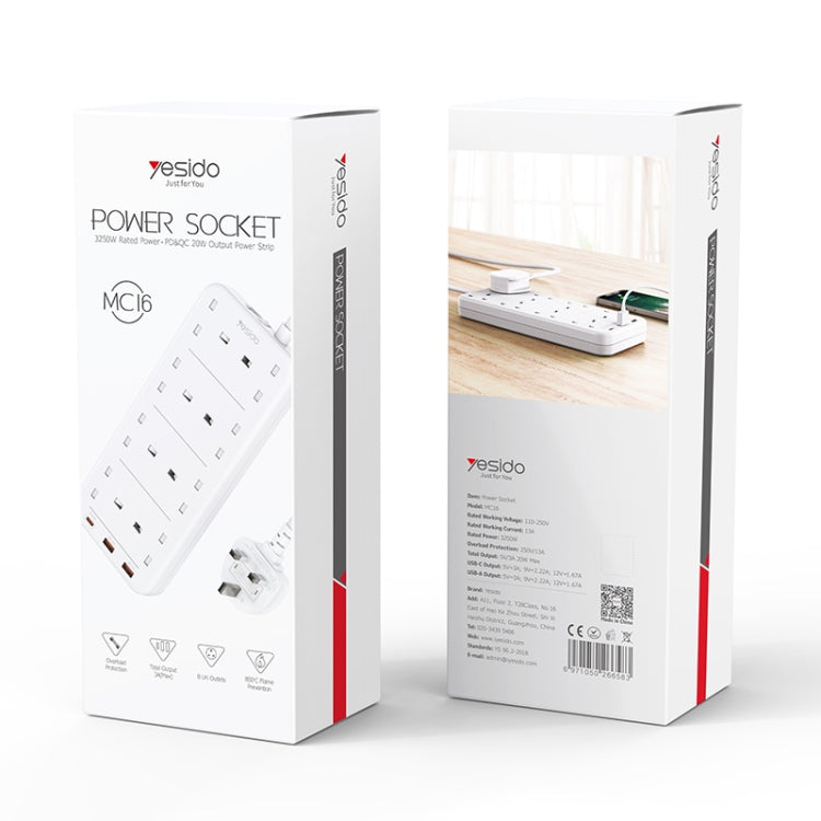 Yesido MC-16 8 Plugs + PD 20W+2 QC3.0 Ports 3250W High Power Fast Charging Socket(UK Plug)