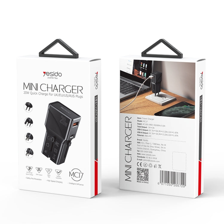 Yesido MC-17 QC3.0 + PD 20W Dual Port Global Universal Travel Charger(Black)